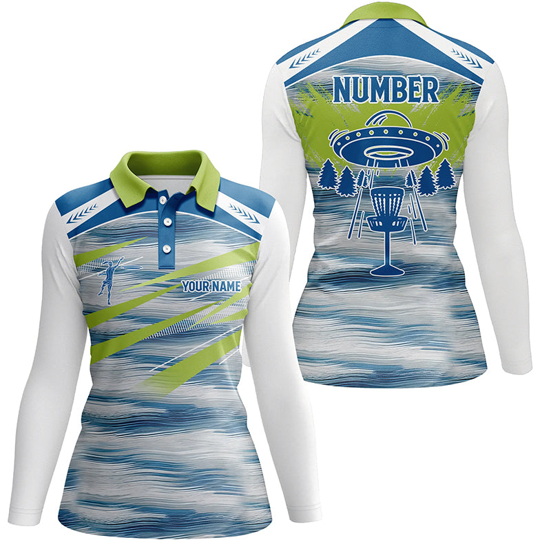 Womens disc golf polo shirt custom blue camo Alien disc golf basket, personalized disc golf gift NQS5855