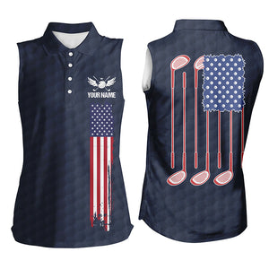 Women sleeveless polo shirt golf clubs American flag custom patriotic golf shirt for womens | Navy NQS5858