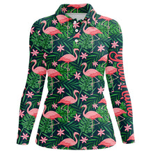 Load image into Gallery viewer, Womens golf polo shirts custom pink flamingo green tropical leaf pattern golf apparel for team ladies NQS7978