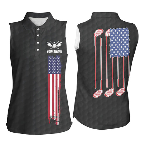 Women sleeveless golf polo shirts golf clubs American flag custom patriotic Black golf shirt for women NQS7981