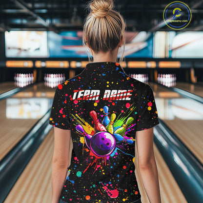 Colorful bowling jerseys Bowling Polo, 1/4 Zip Shirt for Women Custom Bowling Team shirts for bowlers NQS10363