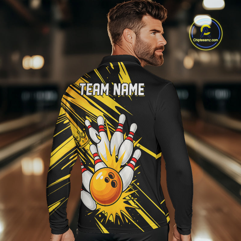 Black and Yellow Bowling Polo, 1/4 Zip Shirt for Men Custom Bowling Team shirts for bowlers NQS10365