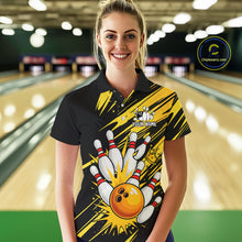 Load image into Gallery viewer, Black and Yellow Bowling Polo, 1/4 Zip Shirt for Women Custom Bowling Team shirts for bowlers NQS10365