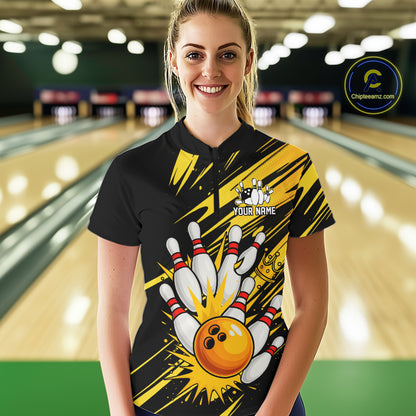 Black and Yellow Bowling Polo, 1/4 Zip Shirt for Women Custom Bowling Team shirts for bowlers NQS10365