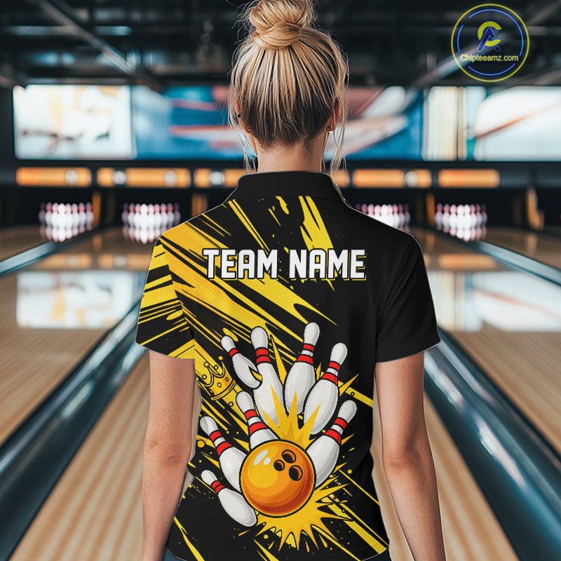 Black and Yellow Bowling Polo, 1/4 Zip Shirt for Women Custom Bowling Team shirts for bowlers NQS10365