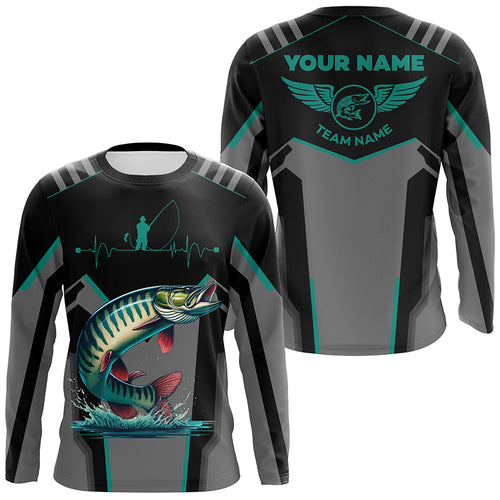 Personalized Black Musky Fishing jerseys, Team Muskie Fishing Long Sleeve tournament shirt| Green NQS6287