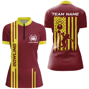 Red and Yellow Retro Bowling Shirt For Women Custom American Flag Patriotic Bowling Team League Jersey NQS8407