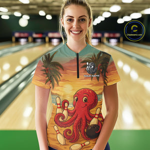 Funny Octopus Bowling Polo, Quarter Zip shirts for Women Custom Octopus Team bowling jersey NQS10587