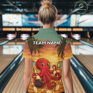 Funny Octopus Bowling Polo, Quarter Zip shirts for Women Custom Octopus Team bowling jersey NQS10587