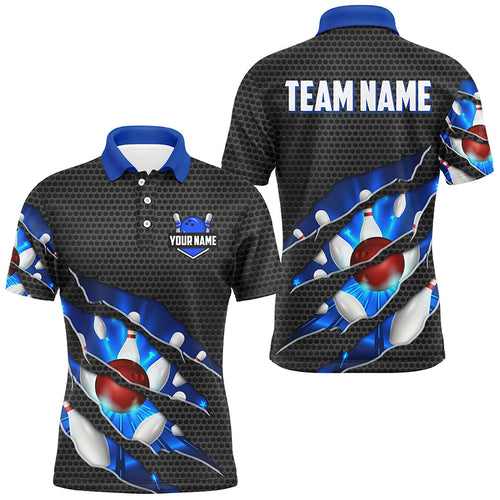 Black and Blue Scratch Bowling Polo, Quarter Zip Shirt For Men Custom name Team Bowling Jerseys NQS8616