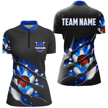 Load image into Gallery viewer, Black and Blue Scratch Bowling Polo, Quarter Zip Shirt For Women Custom name Team Bowling Jerseys NQS8616