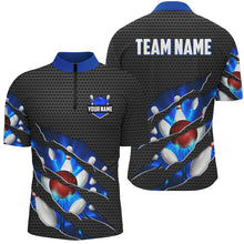 Load image into Gallery viewer, Black and Blue Scratch Bowling Polo, Quarter Zip Shirt For Men Custom name Team Bowling Jerseys NQS8616