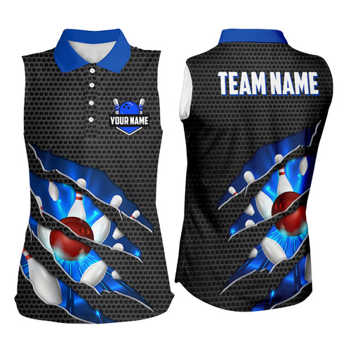 Black and Blue Scratch Bowling sleeveless polo Shirt For Women Custom name Team Bowling Jerseys NQS8616