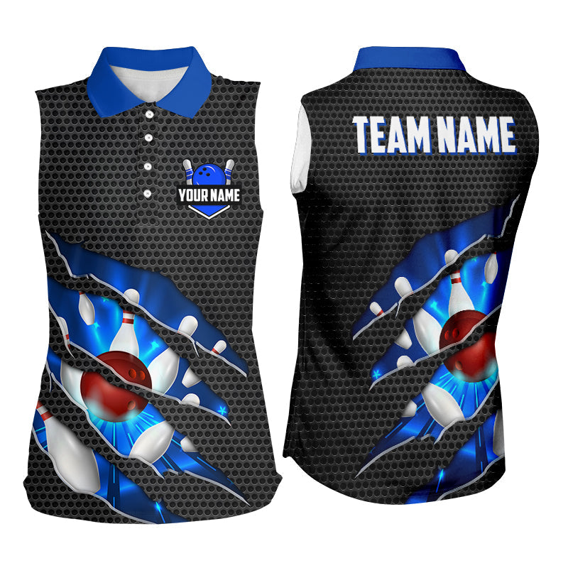 Black and Blue Scratch Bowling sleeveless polo Shirt For Women Custom name Team Bowling Jerseys NQS8616
