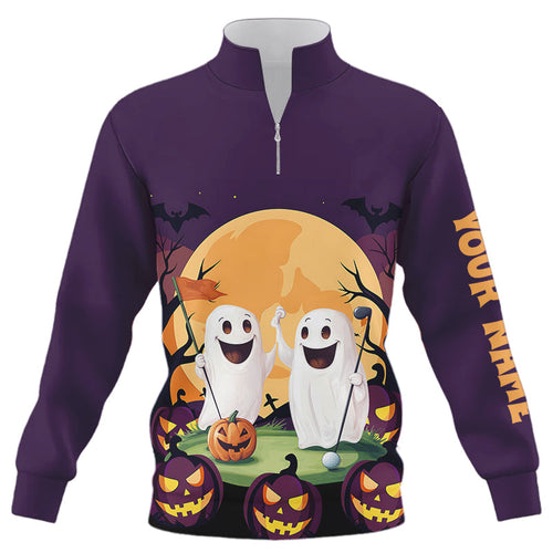 Boo Ghost Halloween Pumpkin Golf Pattern Purple Quarter zip golf sweatshirt Custom Funny Golf sweater NQS8619