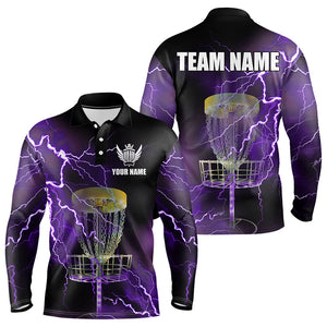 Mens disc golf polo shirts custom purple lightning thunder disc golf basket team disc golf outfit NQS9105