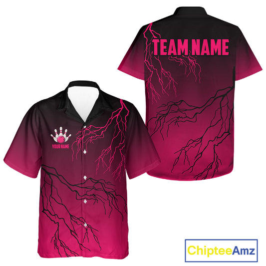 Black and Pink gradient storm Lightning thunder Bowling Hawaiian shirts Custom Bowling Team Jerseys NQS11170