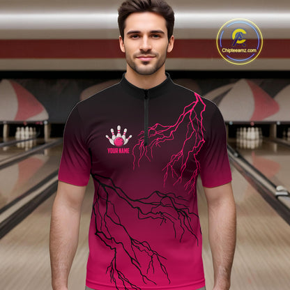 Black and Pink gradient Lightning thunder storm Bowling shirts for Men Custom Bowling Team Jerseys NQS11170