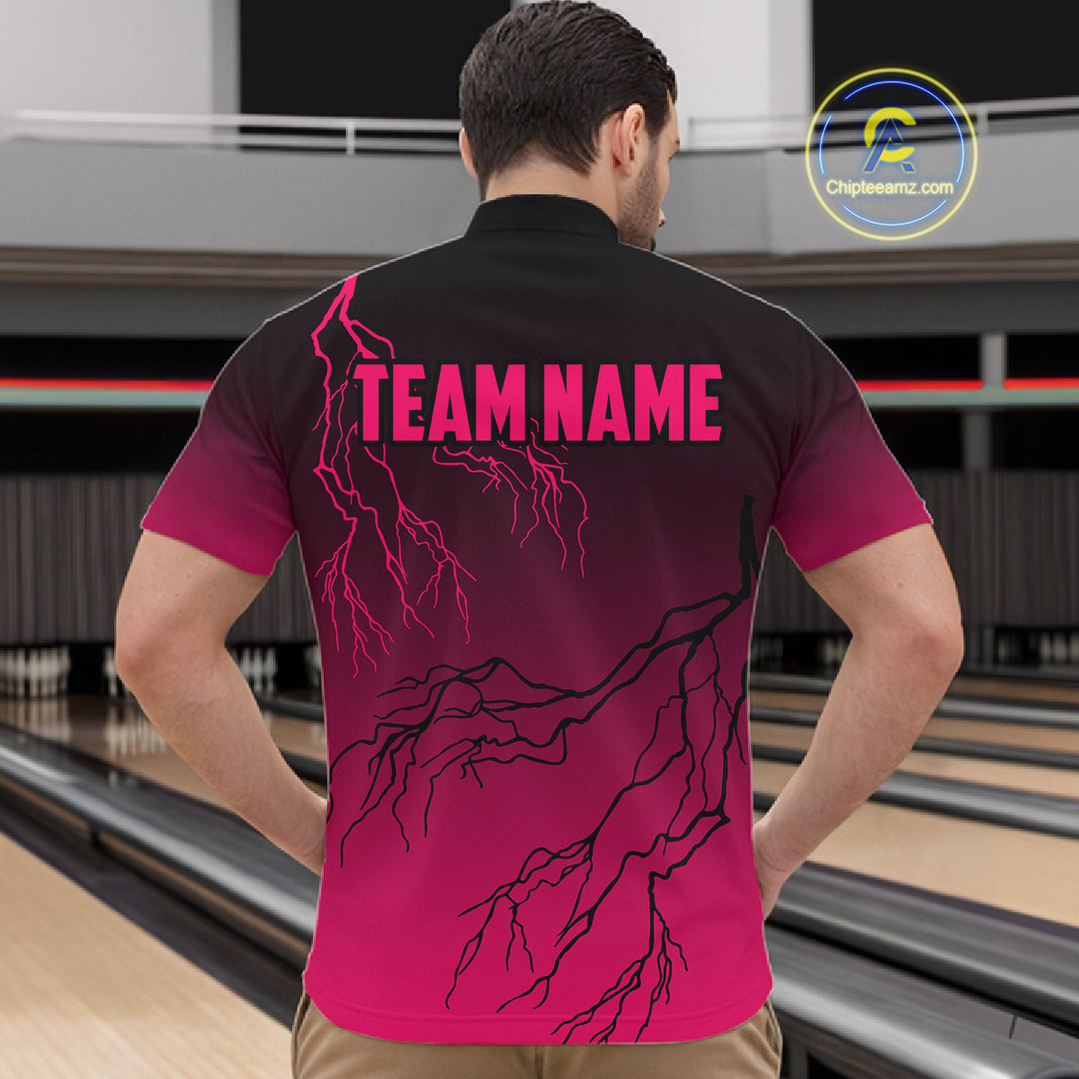 Black and Pink gradient Lightning thunder storm Bowling shirts for Men Custom Bowling Team Jerseys NQS11170