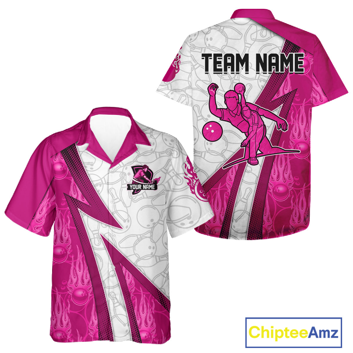 Custom Bowling Hawaiian Shirt Pink flame camo Bowling Button up shirts, Bowling Team jerseys NQS11585