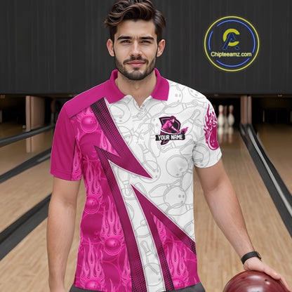Custom Bowling Polo, Quarter Zip Shirt For Men Pink flame camo Bowling shirts, Bowling Team jerseys NQS11585