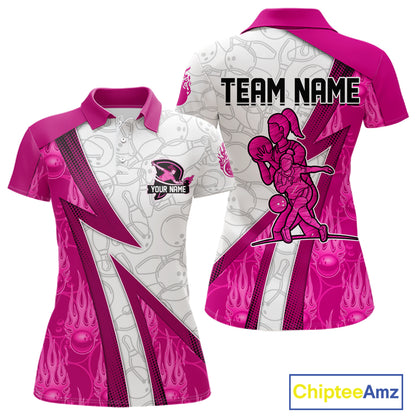Custom Bowling Polo, Quarter Zip Shirt For Women Pink flame camo Bowling shirts, Bowling Team jerseys NQS11585