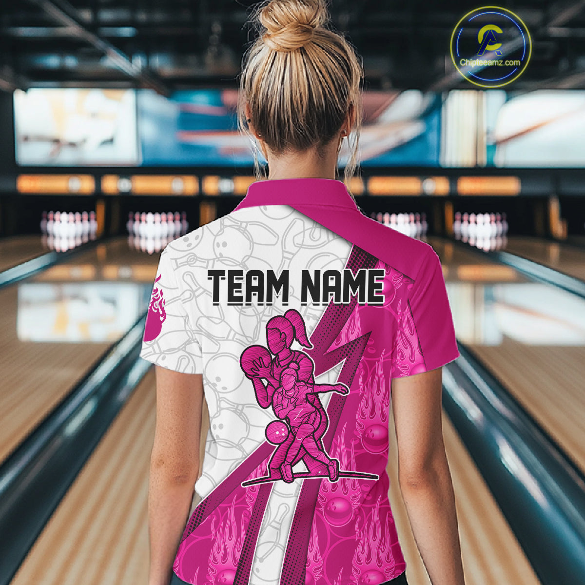 Custom Bowling Polo, Quarter Zip Shirt For Women Pink flame camo Bowling shirts, Bowling Team jerseys NQS11585