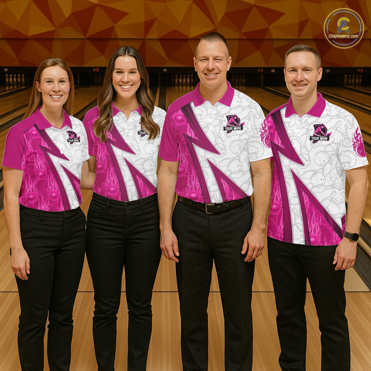 Custom Bowling Polo, Quarter Zip Shirt For Women Pink flame camo Bowling shirts, Bowling Team jerseys NQS11585