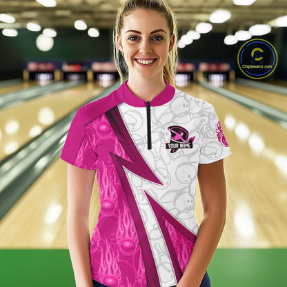 Custom Bowling Polo, Quarter Zip Shirt For Women Pink flame camo Bowling shirts, Bowling Team jerseys NQS11585