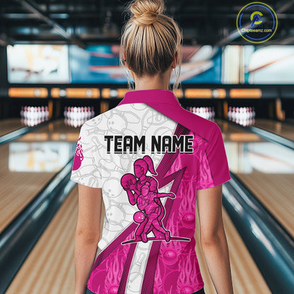 Custom Bowling Polo, Quarter Zip Shirt For Women Pink flame camo Bowling shirts, Bowling Team jerseys NQS11585