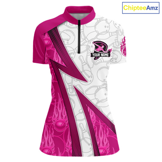 Custom Bowling Polo, Quarter Zip Shirt For Women Pink flame camo Bowling shirts, Bowling Team jerseys NQS11585