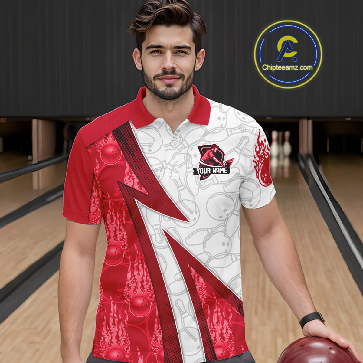 Custom Bowling Polo, Quarter Zip Shirt For Men Red flame camo Bowling shirts, Bowling Team jerseys NQS11586