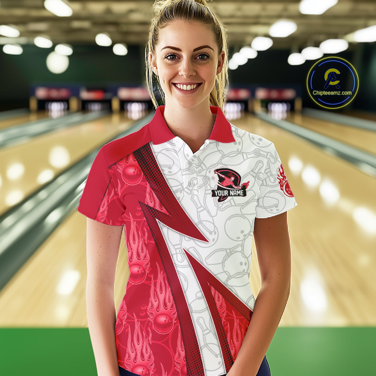 Custom Bowling Polo, Quarter Zip Shirt For Women Red flame camo Bowling shirts, Bowling Team jerseys NQS11586