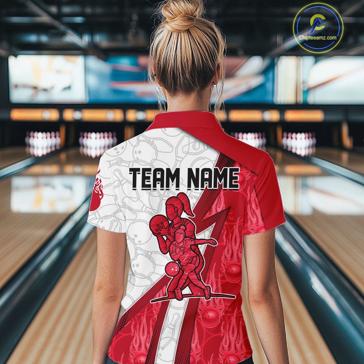 Custom Bowling Polo, Quarter Zip Shirt For Women Red flame camo Bowling shirts, Bowling Team jerseys NQS11586