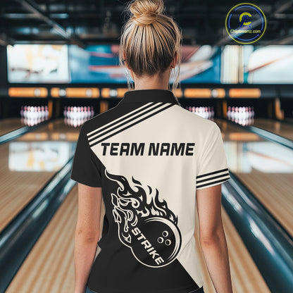 Custom Retro Beige and Black Flame Bowling Shirts For Women, Vintage Team Bowling League jerseys NQS11590