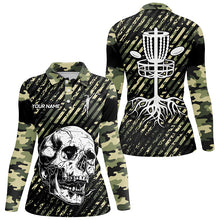 Load image into Gallery viewer, Green camo Women disc golf polo shirts custom skull team disc golf basket jerseys, disc golf outfit NQS7410