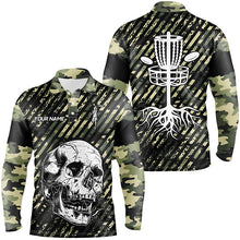 Load image into Gallery viewer, Green camo Mens disc golf polo shirts custom skull team disc golf basket jerseys, disc golf outfit NQS7410