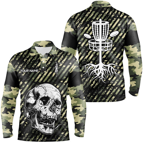 Green camo Mens disc golf polo shirts custom skull team disc golf basket jerseys, disc golf outfit NQS7410