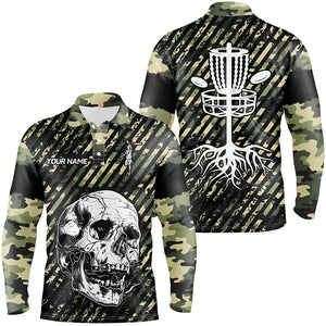 Green camo Mens disc golf polo shirts custom skull team disc golf basket jerseys, disc golf outfit NQS7410