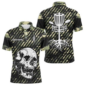 Green camo Mens disc golf polo shirts custom skull team disc golf basket jerseys, disc golf outfit NQS7410