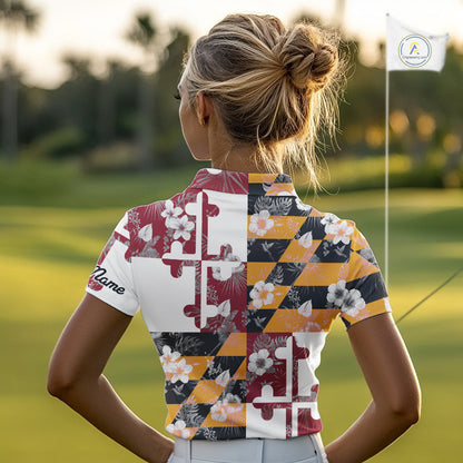 Maryland Flag tropical flower pattern Women Golf polo shirts Custom ladies patriotic golf shirts NQS10064