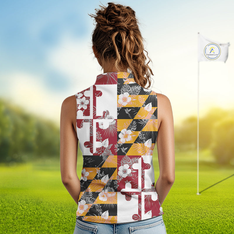 Maryland Flag tropical flower pattern Women Sleeveless polo shirt Custom ladies patriotic golf shirts NQS10064