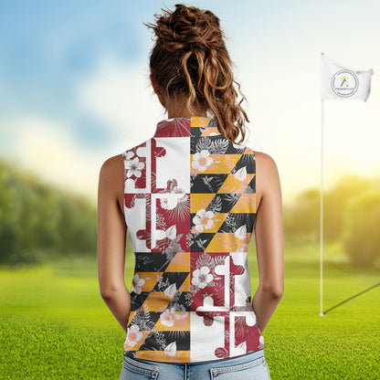 Maryland Flag tropical flower pattern Women Sleeveless polo shirt Custom ladies patriotic golf shirts NQS10064