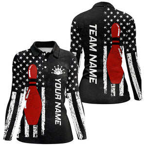 Retro Black American Flag Women Bowling Polo, Quarter zip Shirts Custom Patriotic Bowling Team Jerseys NQS8414