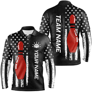 Retro Black American Flag Men Bowling Polo, Quarter zip Shirts Custom Patriotic Bowling Team Jerseys NQS8414