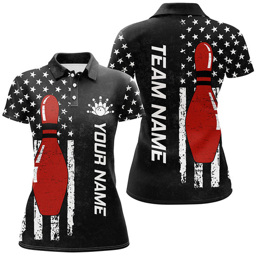 Retro Black American Flag Women Bowling Polo, Quarter zip Shirts Custom Patriotic Bowling Team Jerseys NQS8414