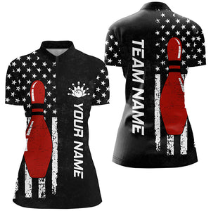 Retro Black American Flag Women Bowling Polo, Quarter zip Shirts Custom Patriotic Bowling Team Jerseys NQS8414