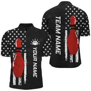 Retro Black American Flag Men Bowling Polo, Quarter zip Shirts Custom Patriotic Bowling Team Jerseys NQS8414