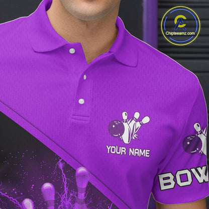 Men bowling polo, quarter zip shirts Custom purple lightning thunder Bowling Team Jersey Bowlers Gift NQS10591