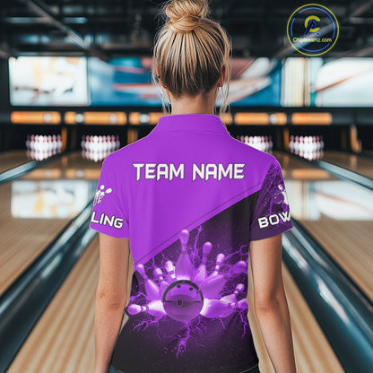 Women bowling polo, 1/4 zip shirts Custom purple lightning thunder Bowling Team Jersey Bowlers Gift NQS10591
